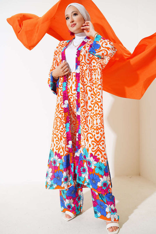 Kol Lastikli Salaş Kimono Takım Oranj