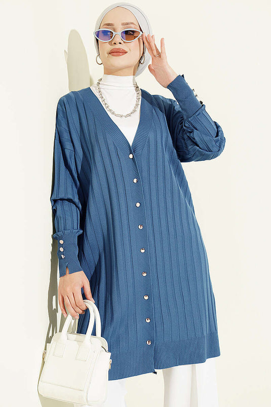Indigo Merzerisierte Strickjacke Mit Knöpfen Und Bündchen