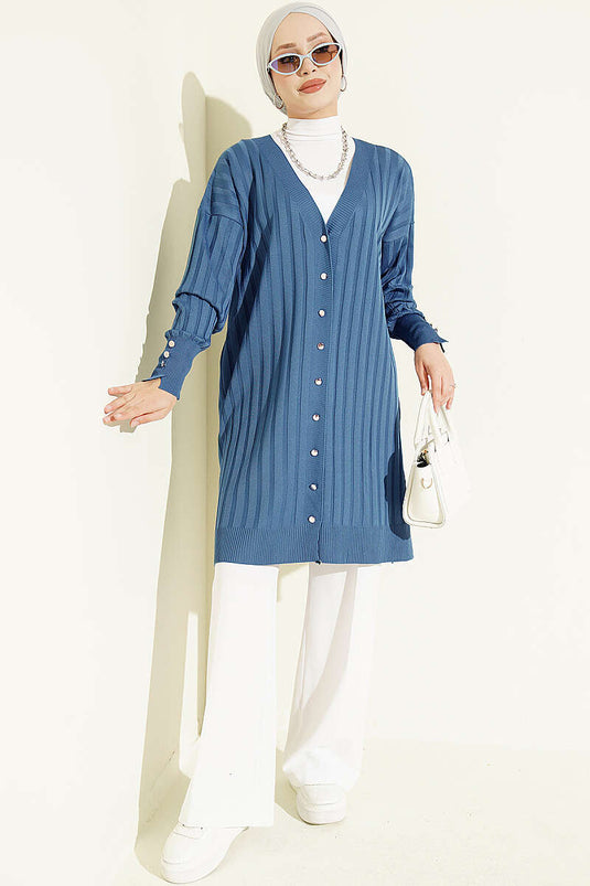Indigo Merzerisierte Strickjacke Mit Knöpfen Und Bündchen