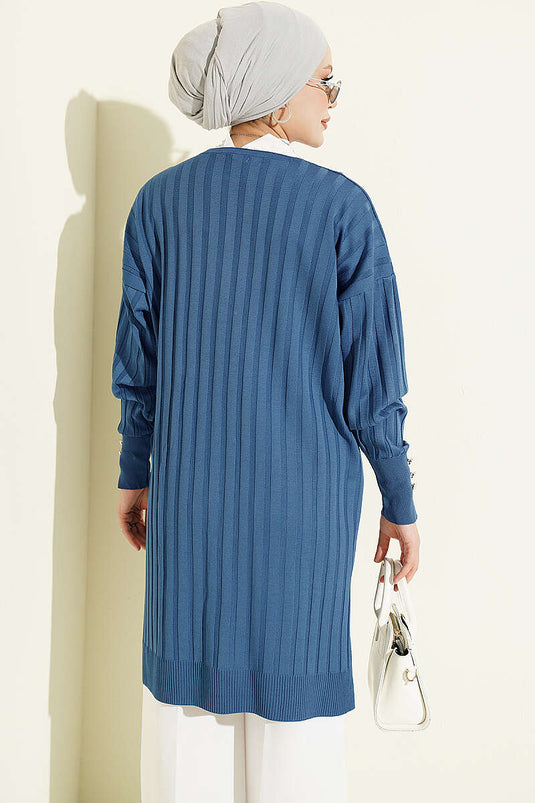 Indigo Merzerisierte Strickjacke Mit Knöpfen Und Bündchen
