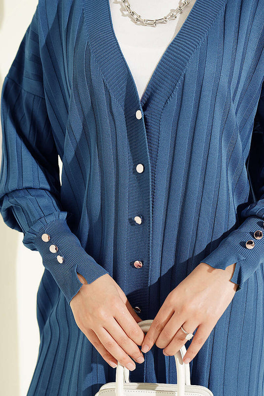 Indigo Merzerisierte Strickjacke Mit Knöpfen Und Bündchen