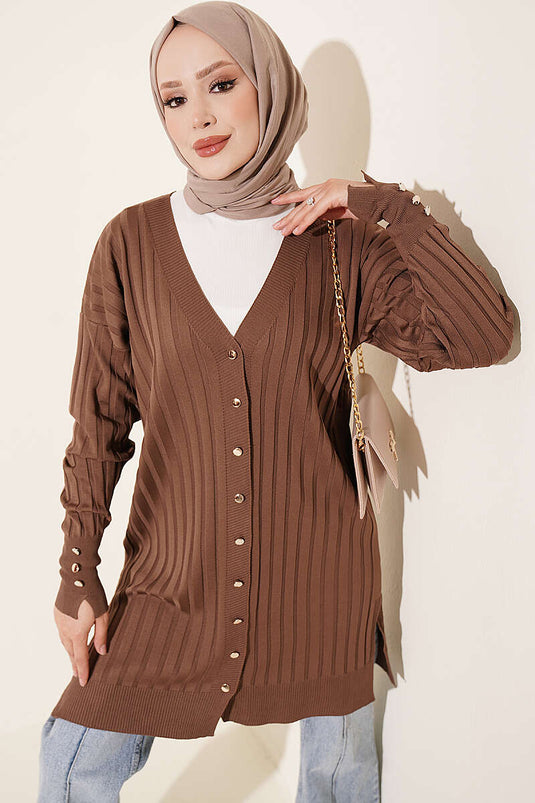 Chaqueta De Punto A Rayas Marrón Con Botones Y Puños