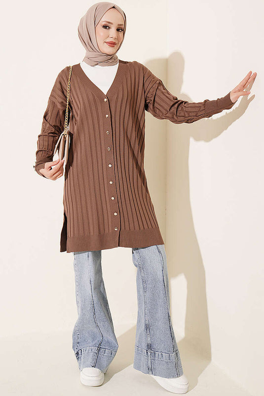 Chaqueta De Punto A Rayas Marrón Con Botones Y Puños