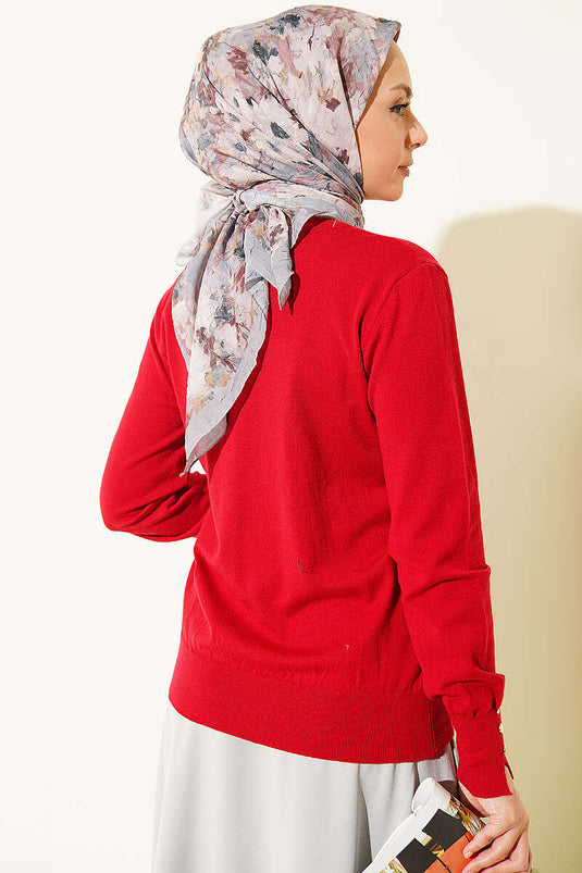 Pull En Maille Bordeaux À Boutons Et Poignets
