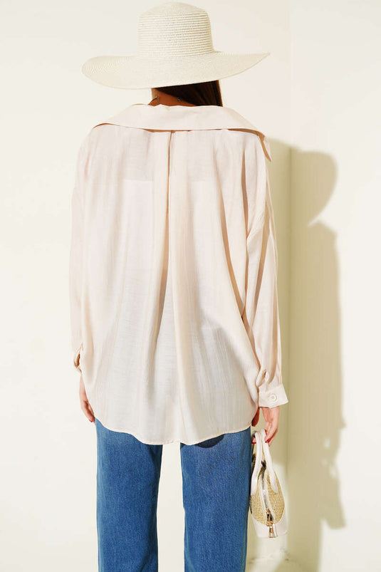 قميص أساسي بأكمام مطوية، بيج