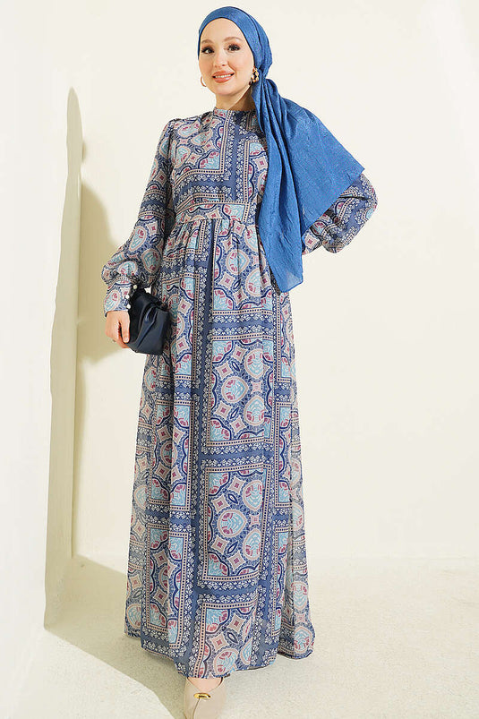 Blaue Gemusterte Chiffon-Kleid Mit Manschettenärmeln