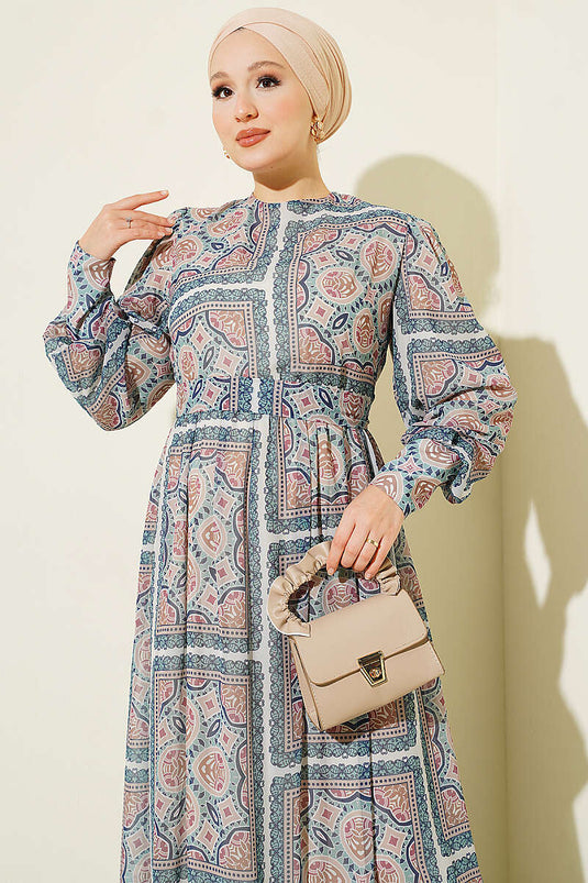 Green Patterned Chiffon Dress With Cuff Sleeves