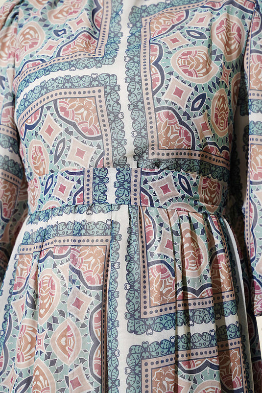 Green Patterned Chiffon Dress With Cuff Sleeves