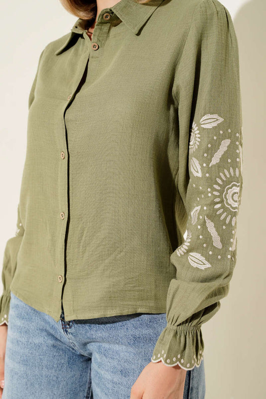 Ärmelloses besticktes Musselin-Hemd in Khaki