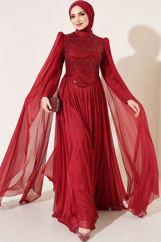 Burgundy Embellished Evening Dress With Cape