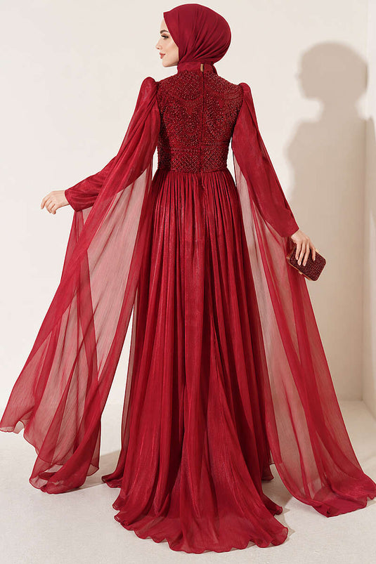 Burgundy Embellished Evening Dress With Cape