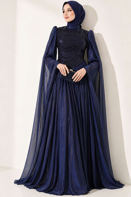 Navy Blue Embellished Evening Dress With Cape