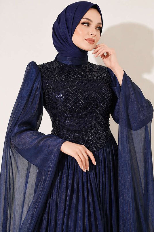 Navy Blue Embellished Evening Dress With Cape