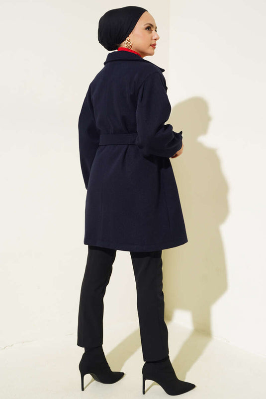 Belted Cashmere Coat with Sleeve Darts, Navy Blue