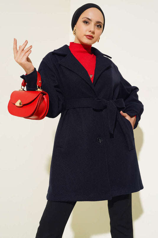 Belted Cashmere Coat with Sleeve Darts, Navy Blue