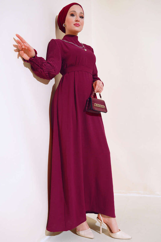 فستان ذو أكمام مطوية أحمر كلاريت