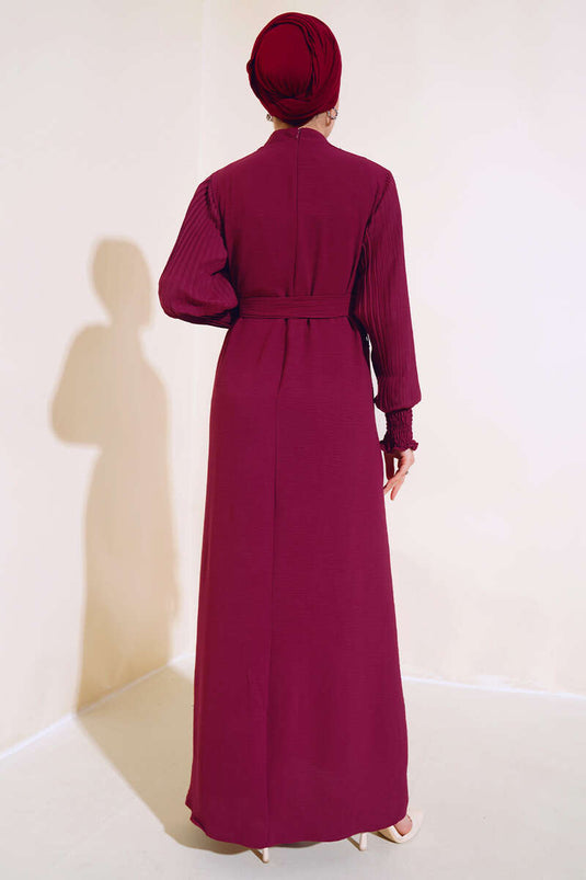 Robe Plissée À Manches Rouge Claret