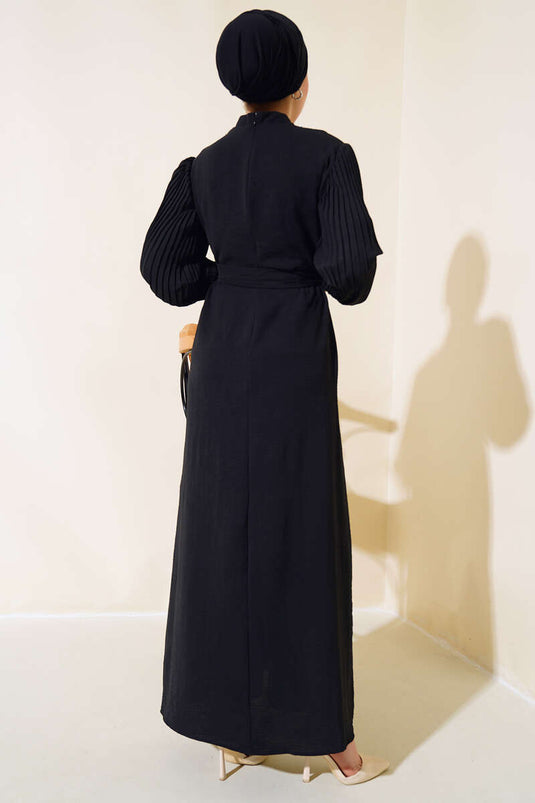 Robe Plissée À Manches Noir