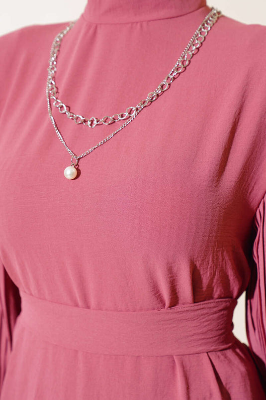 Ruffled Pearl Necklace Dress Rose Pink
