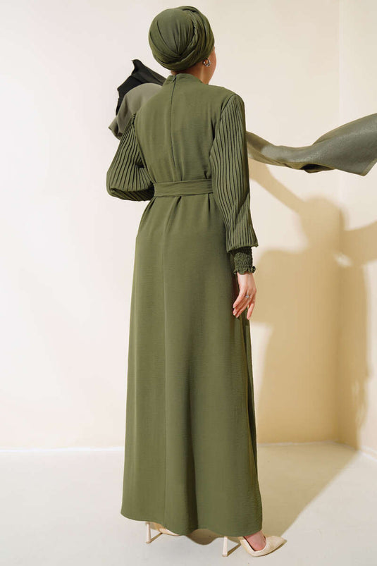 Haki Dress with Ruffled Pearl Necklace