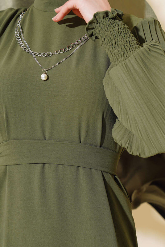 Haki Dress with Ruffled Pearl Necklace