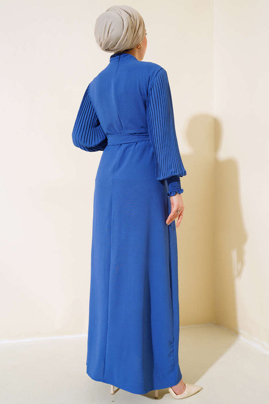 Indigo Dress with Ruffled Pearl Necklace