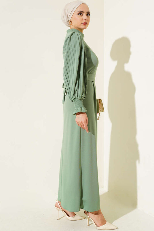 Robe Ceinturée Plissée À Manches Vert