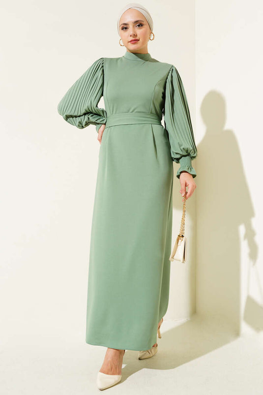 Robe Ceinturée Plissée À Manches Vert