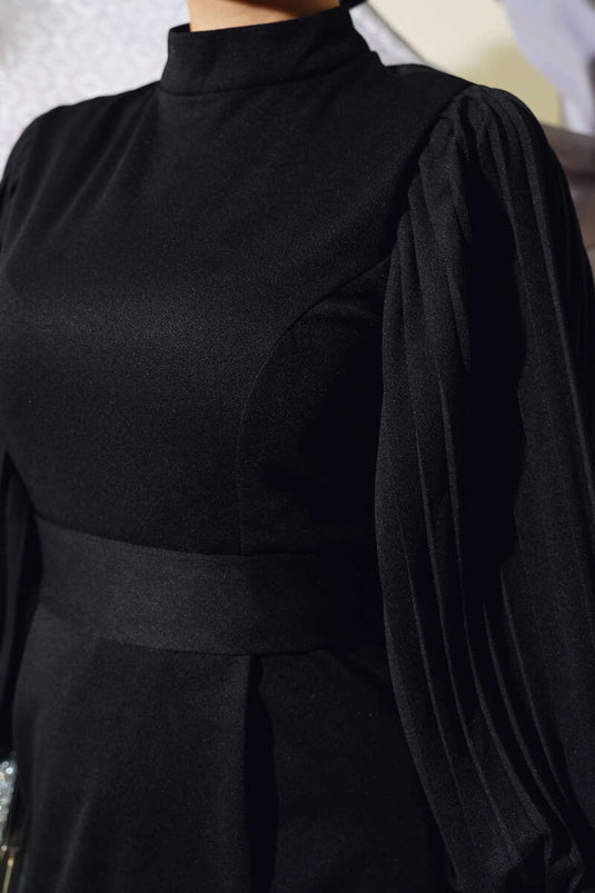 Robe Ceinturée Plissée À Manches Noir