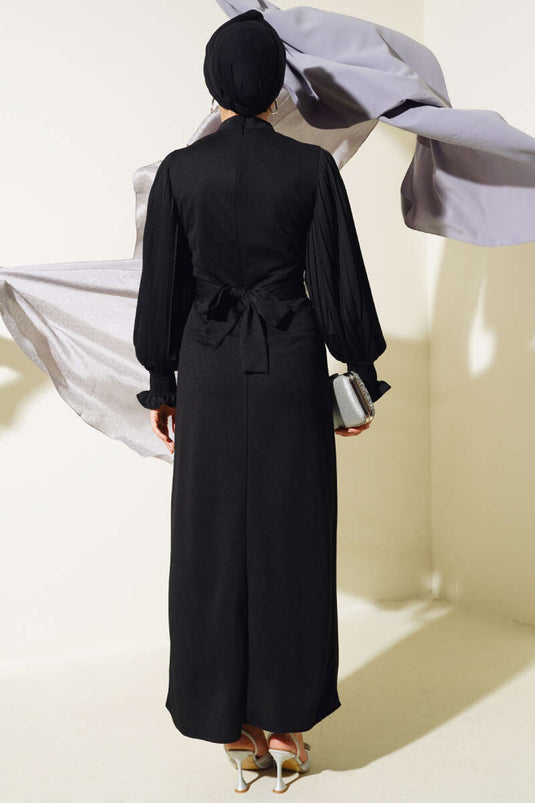 Robe Ceinturée Plissée À Manches Noir