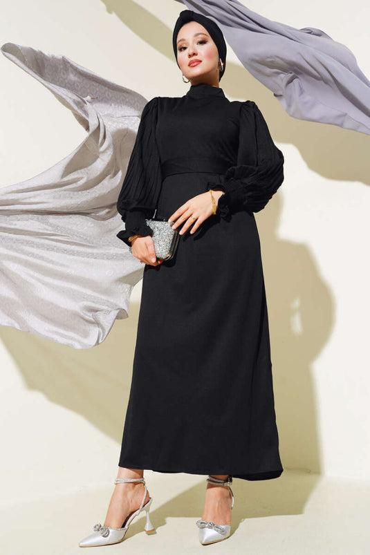 Robe Ceinturée Plissée À Manches Noir