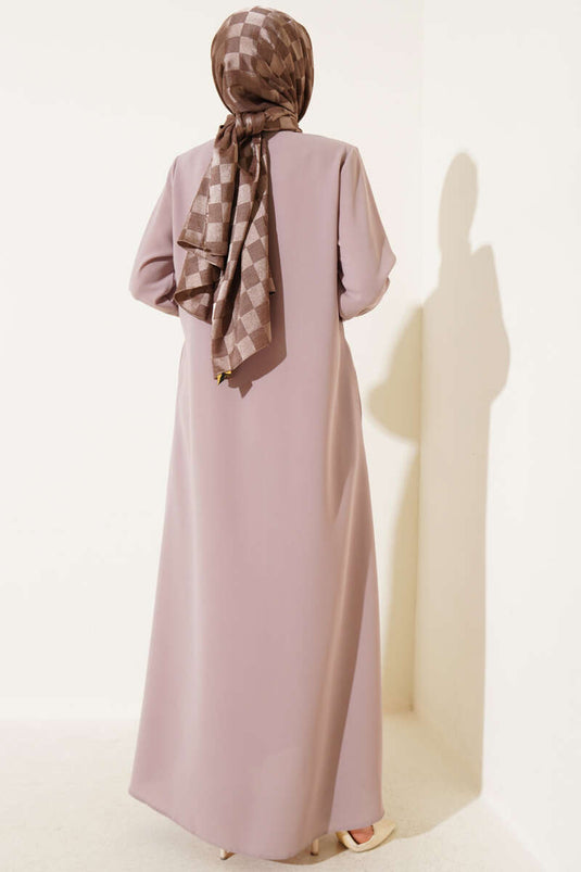 Abaya à manches plissées ornée de pierres, beige