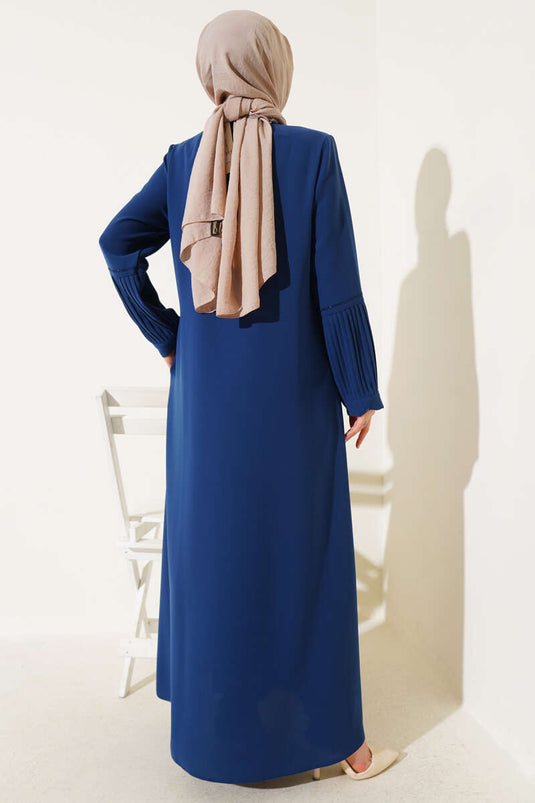 Abaya à manches plissées ornée de pierres, indigo