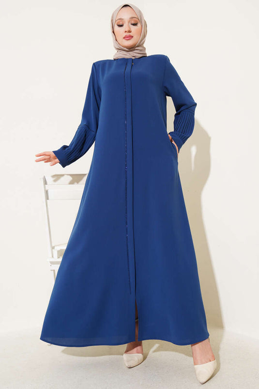 Abaya à manches plissées ornée de pierres, indigo