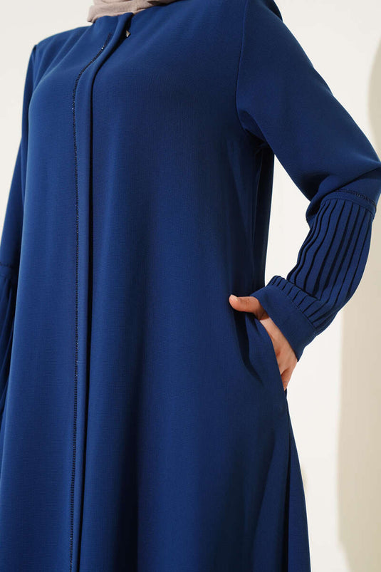 Abaya à manches plissées ornée de pierres, indigo