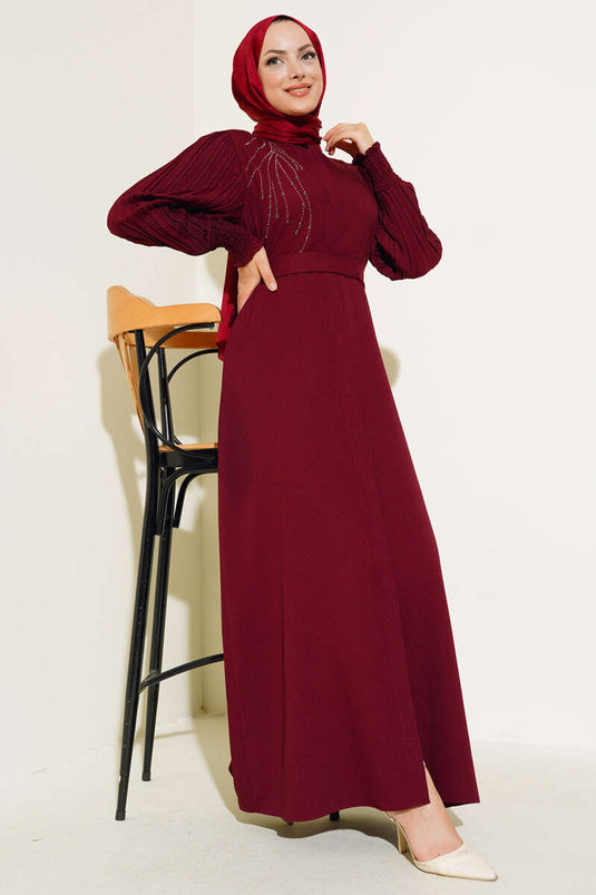 Abaya Pierre Plissée à Manches Rouge Claret