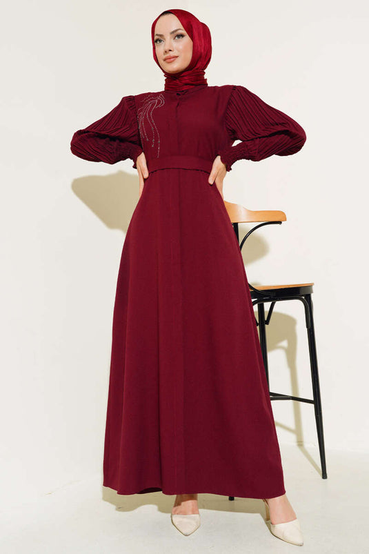 Abaya Pierre Plissée à Manches Rouge Claret