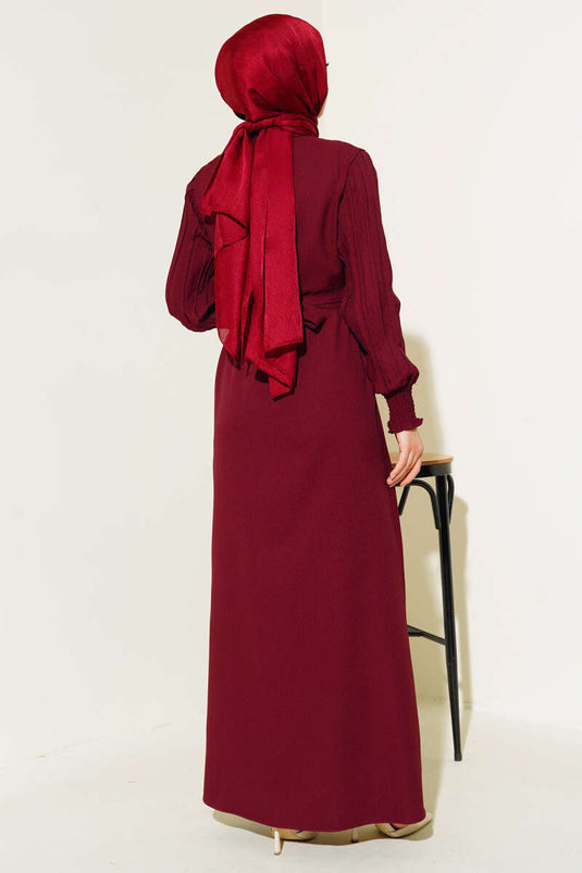 Abaya Pierre Plissée à Manches Rouge Claret