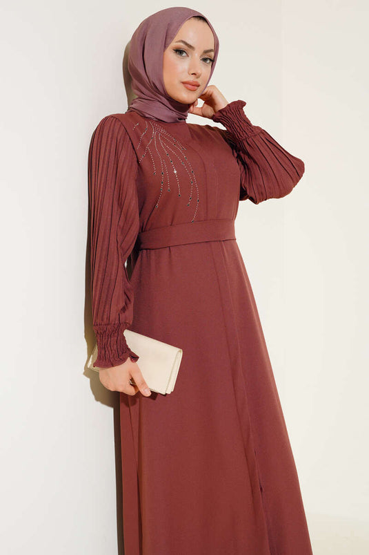 Abaya Pierre Plissée à Manches Bordeaux