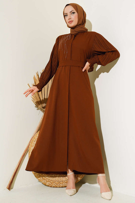 Abaya Pierre Plissée à Manches Marron