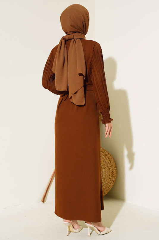 Abaya Pierre Plissée à Manches Marron