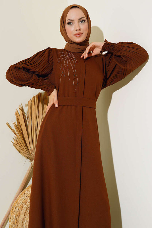 Abaya Pierre Plissée à Manches Marron