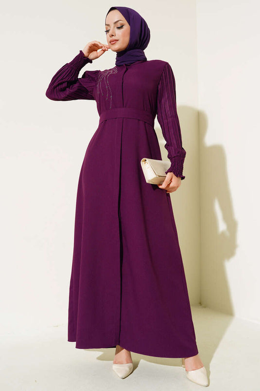 Abaya Pierre Plissée à Manches Violet