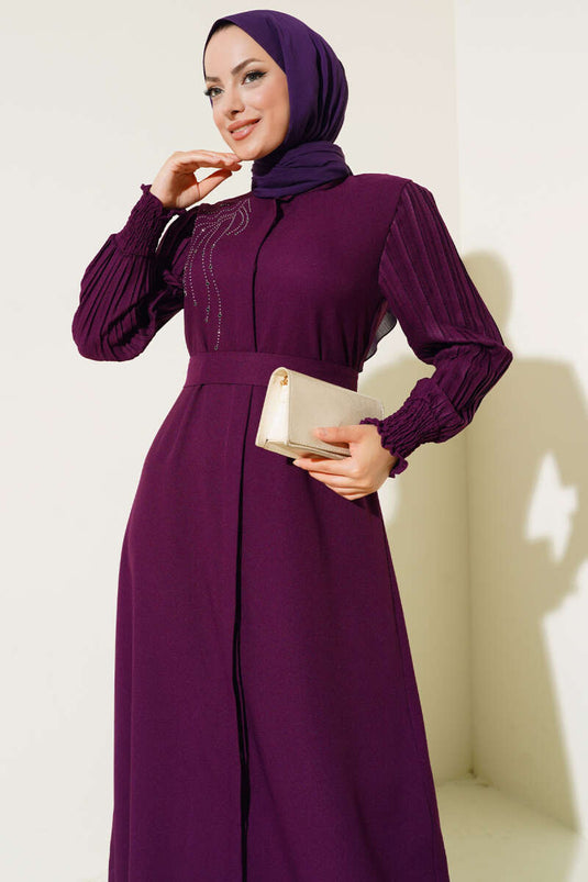 Abaya Pierre Plissée à Manches Violet