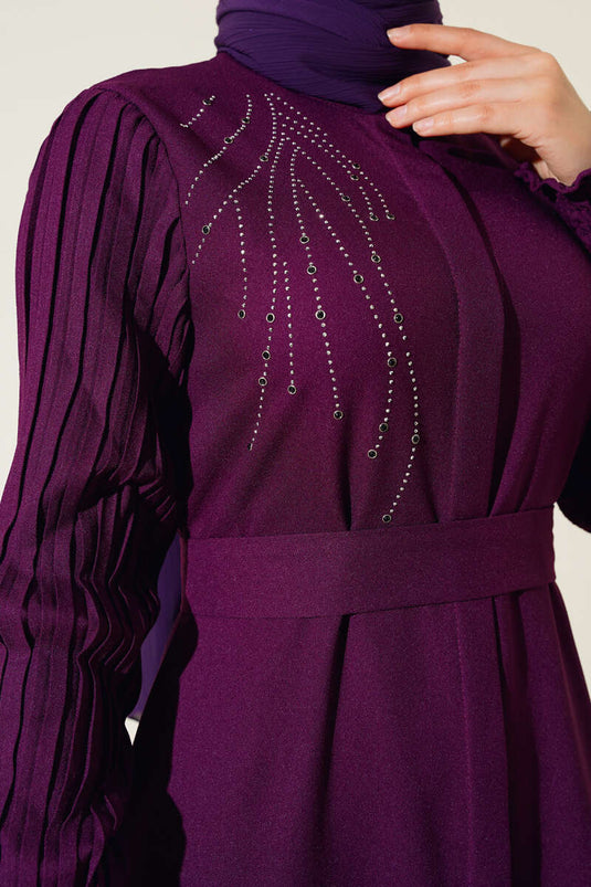 Abaya Pierre Plissée à Manches Violet