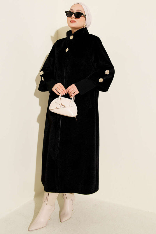 معطف جولدفوكس بأكمام مضلعة وأزرار ذهبية، أسود