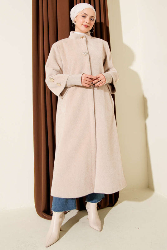 Kol Ribanalı Gold Düğmeli Kaban Bej