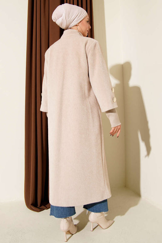 Kol Ribanalı Gold Düğmeli Kaban Bej