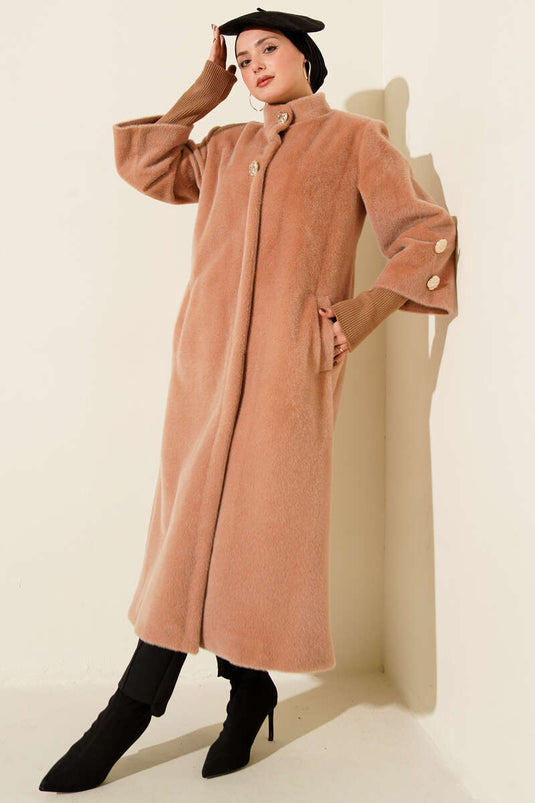 Kol Ribanalı Gold Düğmeli Kaban Camel