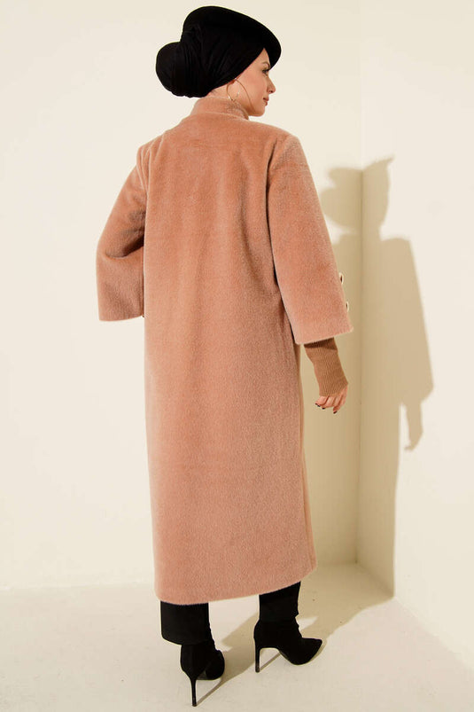 Kol Ribanalı Gold Düğmeli Kaban Camel